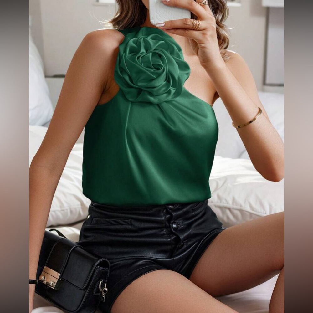 Elegant Dark Green Floral Top and Shorts Set